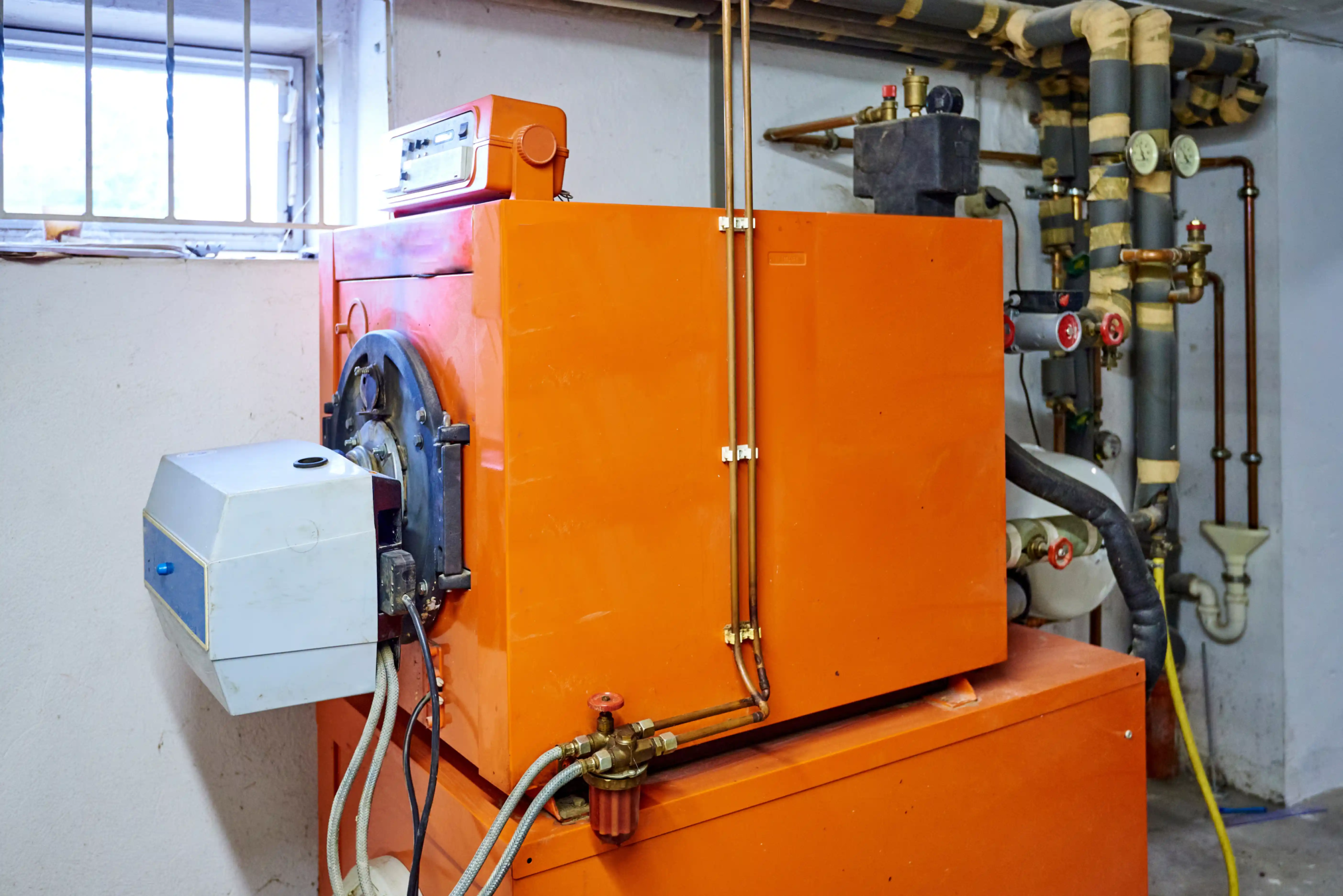 Ein orangefarbener Heizkessel mit angeschlossenen Rohren und Messgeräten ist in einem Hauswirtschaftsraum im Keller in der Nähe eines kleinen Fensters installiert.